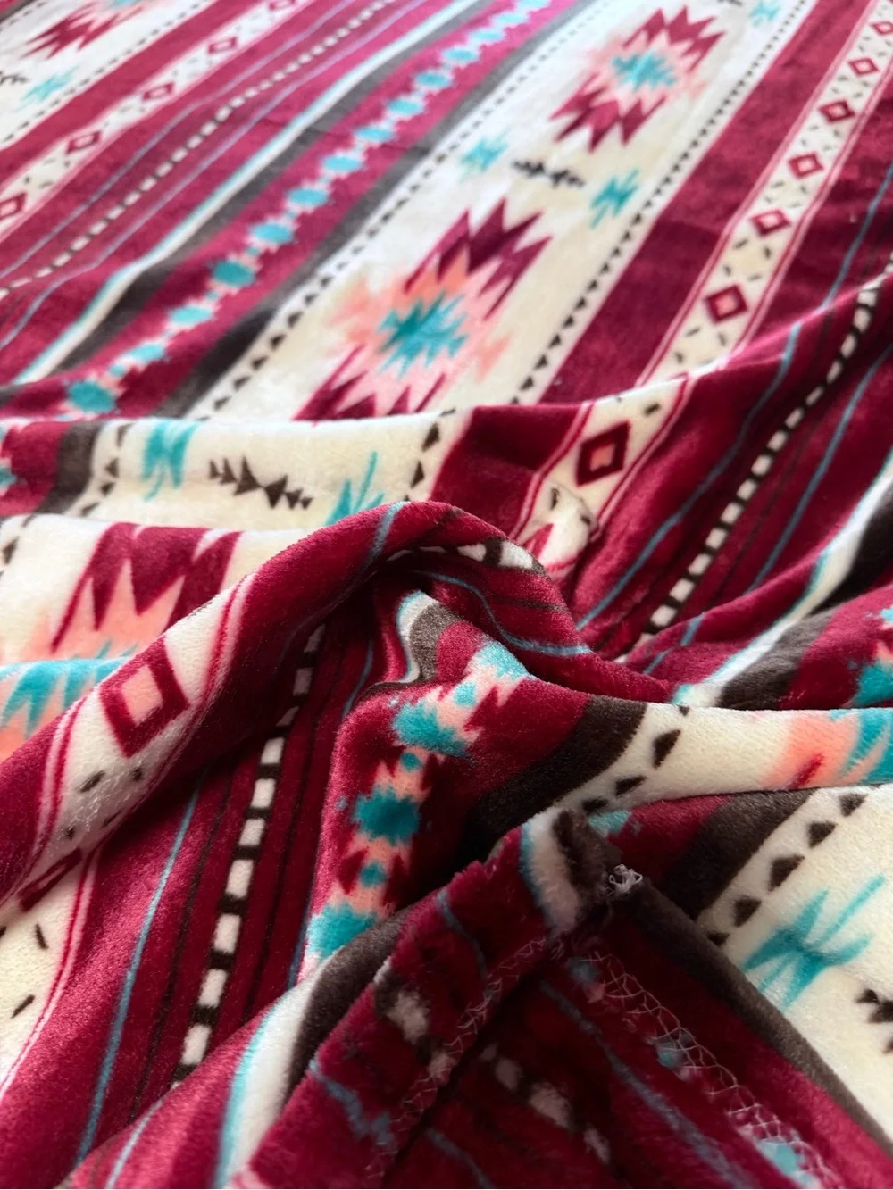 BURGUNDY Queen Southwest tribal Aztec Geometric Plush fleece Blanket